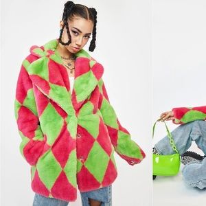 NWT Girlfriend Material Argyle Hendrix Faux Fur Coat Size 4